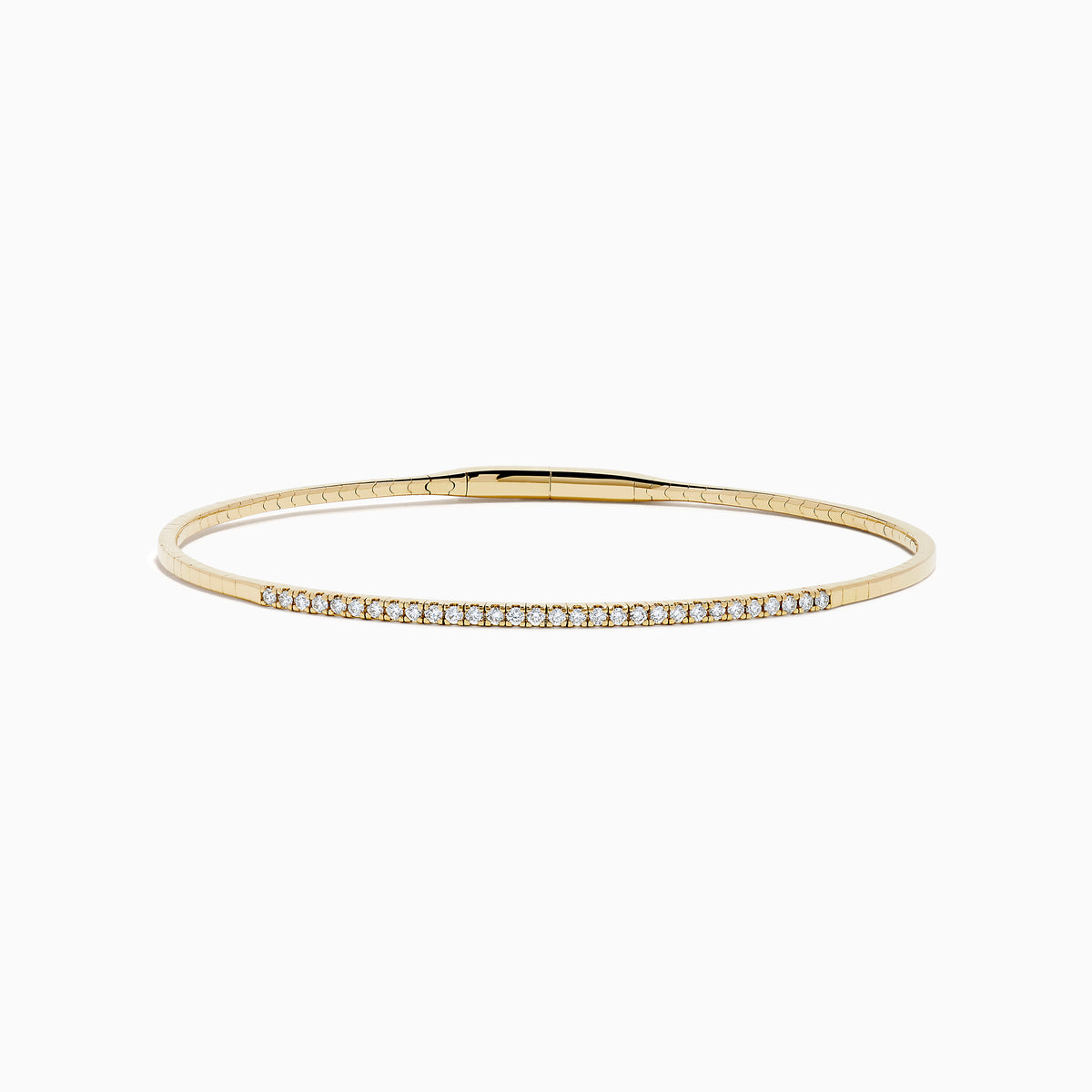 The D'Oro 14K Yellow Gold Pave Diamond Flexible Bangle features a slim, flexible design with a row of sparkling pave diamonds along the top half, shown against a plain white background.