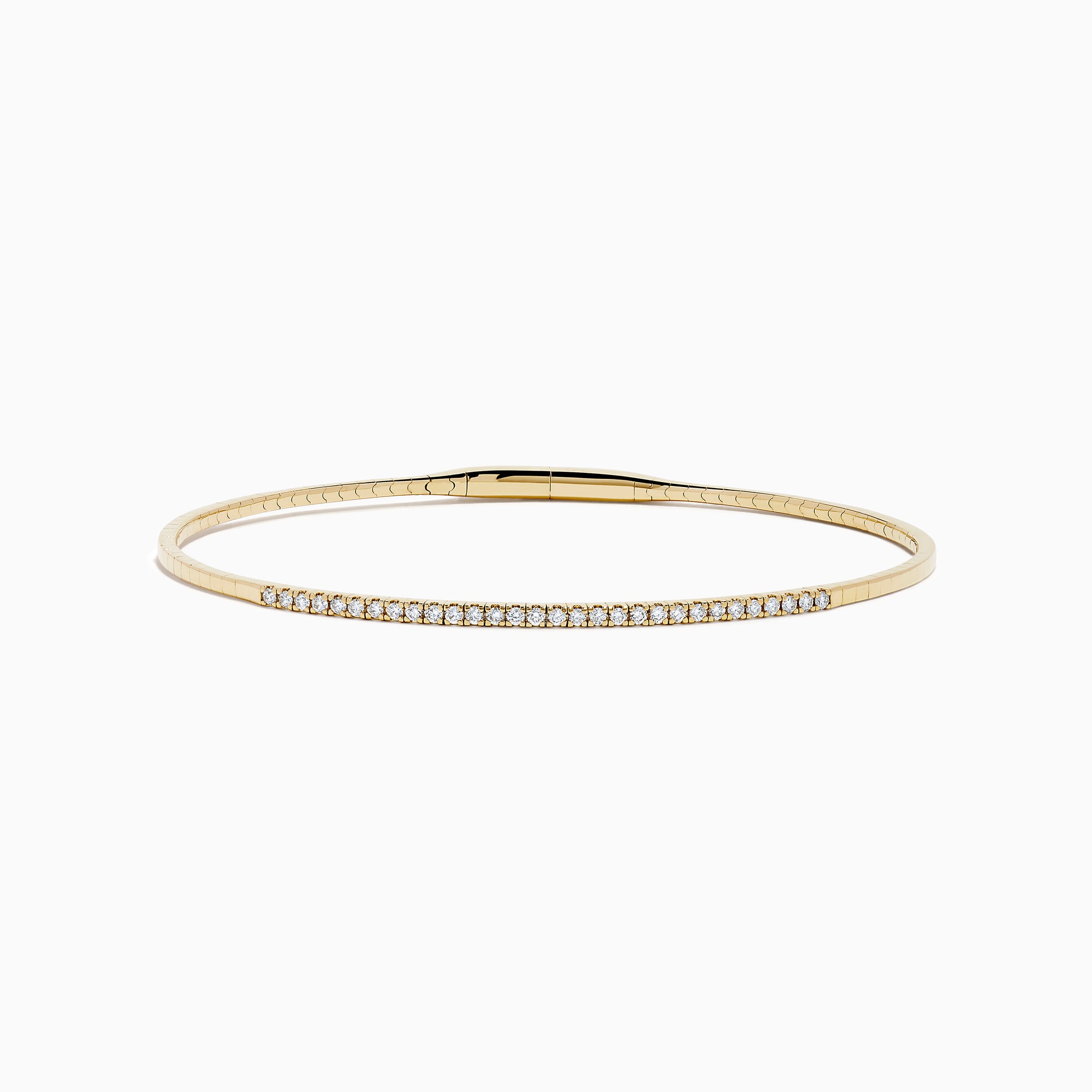 The D'Oro 14K Yellow Gold Pave Diamond Flexible Bangle features a slim, flexible design with a row of sparkling pave diamonds along the top half, shown against a plain white background.