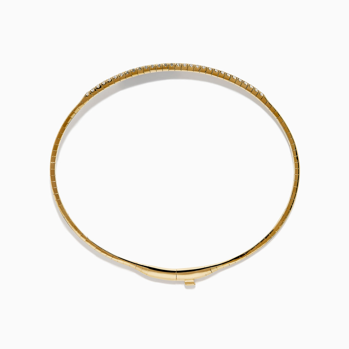 The D'Oro 14K Yellow Gold Pave Diamond Flexible Bangle features a slim, flexible design with a row of sparkling pave diamonds along the top half, shown against a plain white background.