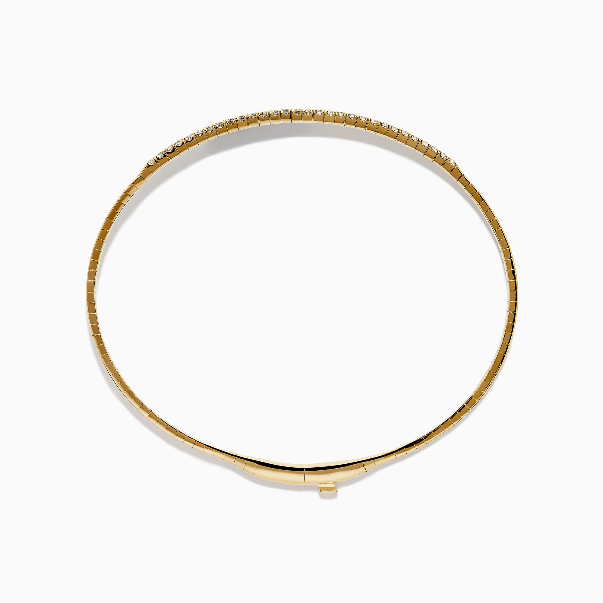 The D'Oro 14K Yellow Gold Pave Diamond Flexible Bangle features a slim, flexible design with a row of sparkling pave diamonds along the top half, shown against a plain white background.