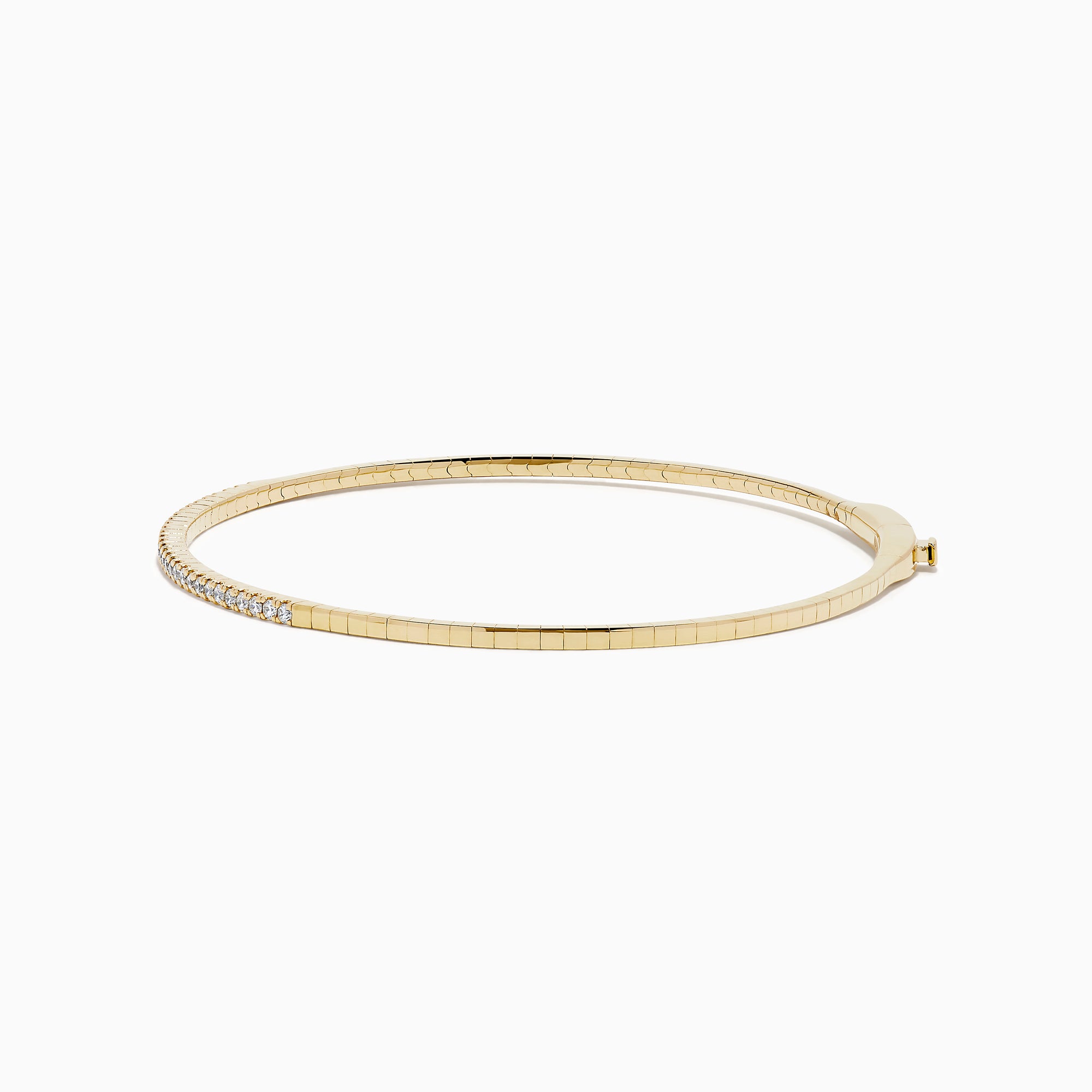 The D'Oro 14K Yellow Gold Pave Diamond Flexible Bangle features a slim, flexible design with a row of sparkling pave diamonds along the top half, shown against a plain white background.