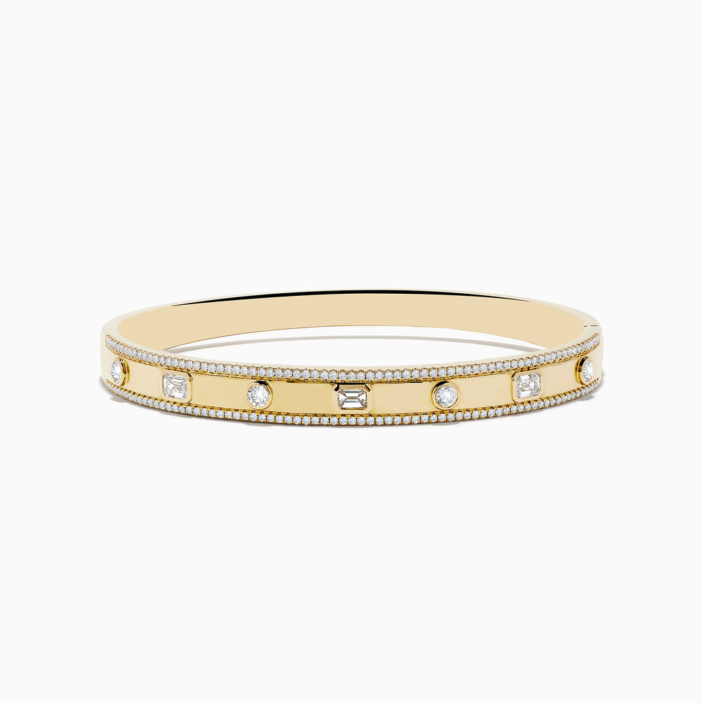 The DOro 14K Yellow Gold Bezel Set Diamond Bangle 1.72 TCW features a row of round and rectangular diamonds in bezels with delicate beaded edges, all beautifully displayed against a white background.