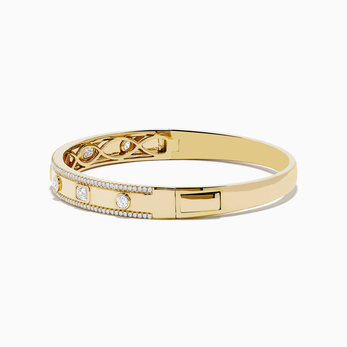 The DOro 14K Yellow Gold Bezel Set Diamond Bangle 1.72 TCW features a row of round and rectangular diamonds in bezels with delicate beaded edges, all beautifully displayed against a white background.