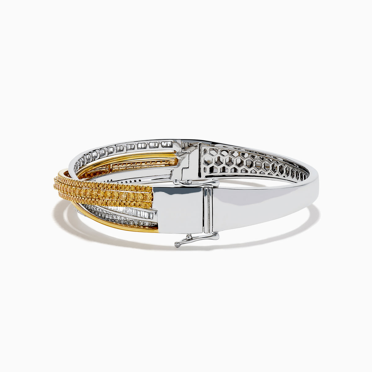 The 14K Two Tone Gold Yellow and White Diamond Pave Crossover Bangle features elegant overlapping rows of yellow and white diamonds in a sparkling, layered design.
