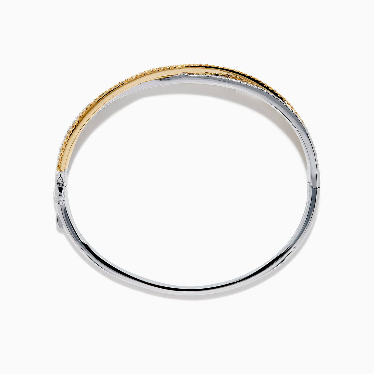 The Canare 14K Two Tone White and Yellow Diamond Criss Cross Bangle features intertwined bands of white and yellow gold, each adorned with sparkling diamonds for a dazzling effect.