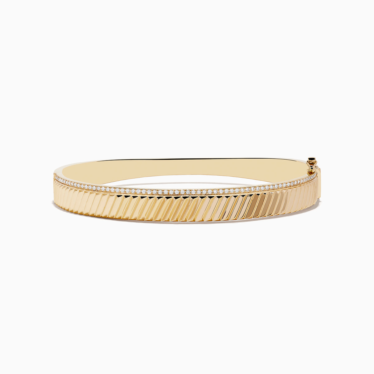 Mens 14K yellow gold diamond bangle, 0.51 TCW, features a ridged diagonal pattern and a delicate row of small diamonds along the top edge, shown on a white background.