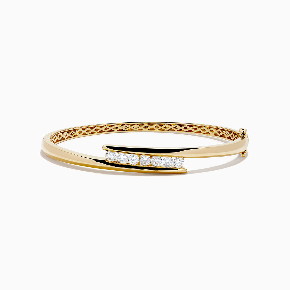 The D'Oro 14K Yellow Gold Channel Set Diamond Bangle features an open design with channel set round white diamonds on a horizontal bar and an inner band with an elegant lattice pattern.