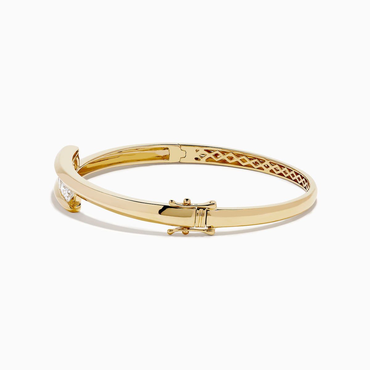 The D'Oro 14K Yellow Gold Channel Set Diamond Bangle features an open design with channel set round white diamonds on a horizontal bar and an inner band with an elegant lattice pattern.