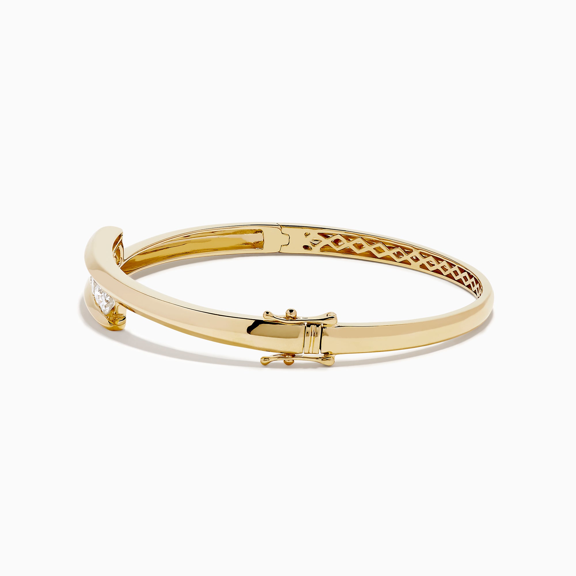 The D'Oro 14K Yellow Gold Channel Set Diamond Bangle features an open design with channel set round white diamonds on a horizontal bar and an inner band with an elegant lattice pattern.
