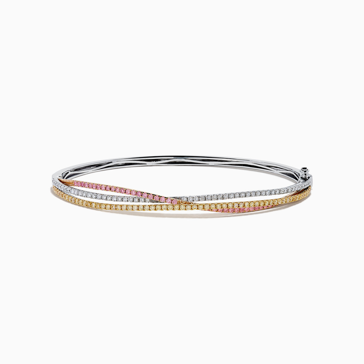 The 18K 3-Tone Gold White, Yellow and Pink Diamond Criss Cross Bangle features three intertwined rows of white, yellow, and pink diamonds set in an elegant, polished design.