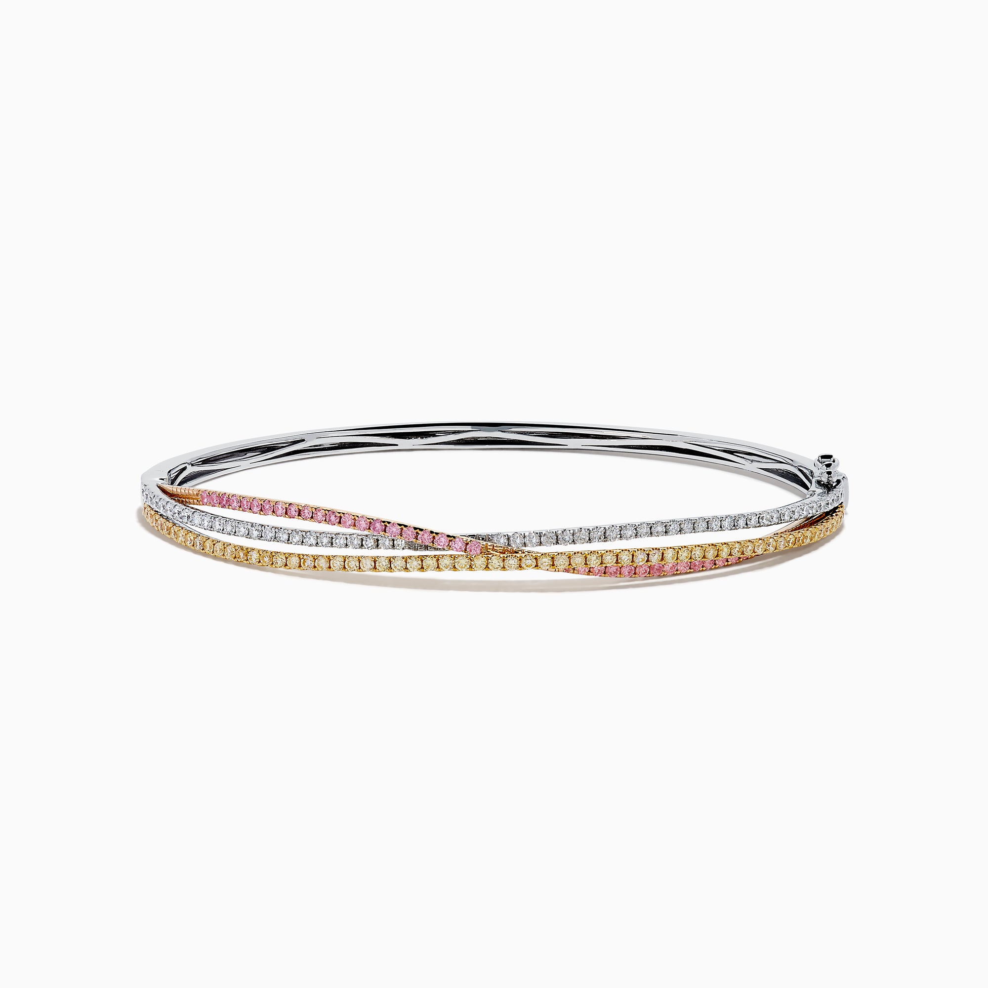The 18K 3-Tone Gold White, Yellow and Pink Diamond Criss Cross Bangle features three intertwined rows of white, yellow, and pink diamonds set in an elegant, polished design.