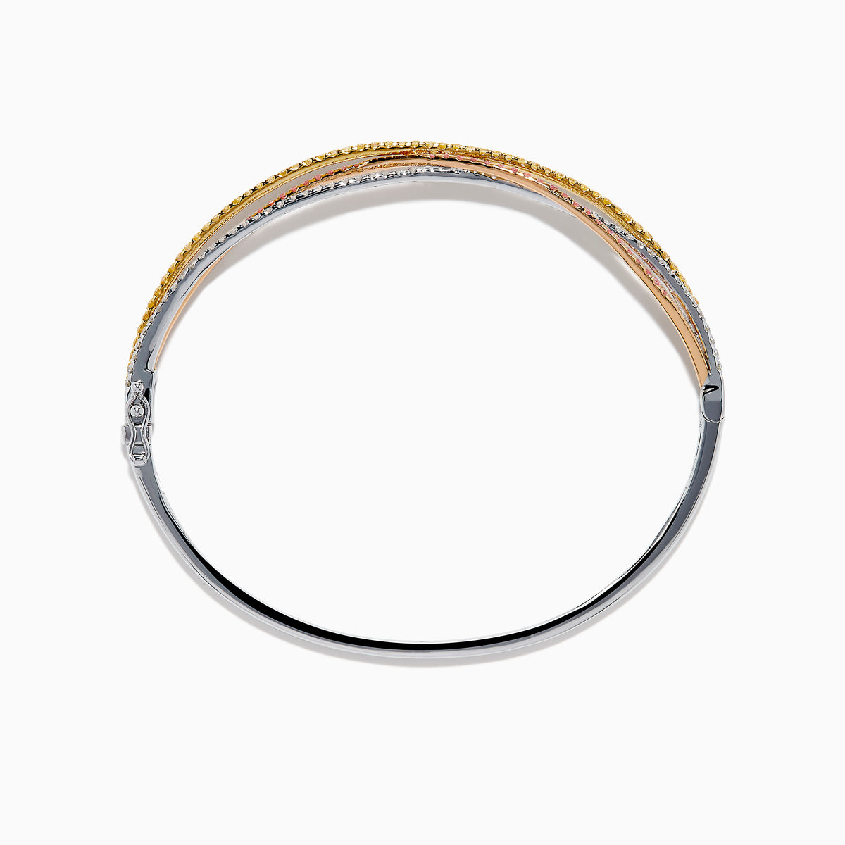 The 18K 3-Tone Gold White, Yellow and Pink Diamond Criss Cross Bangle features three intertwined rows of white, yellow, and pink diamonds set in an elegant, polished design.