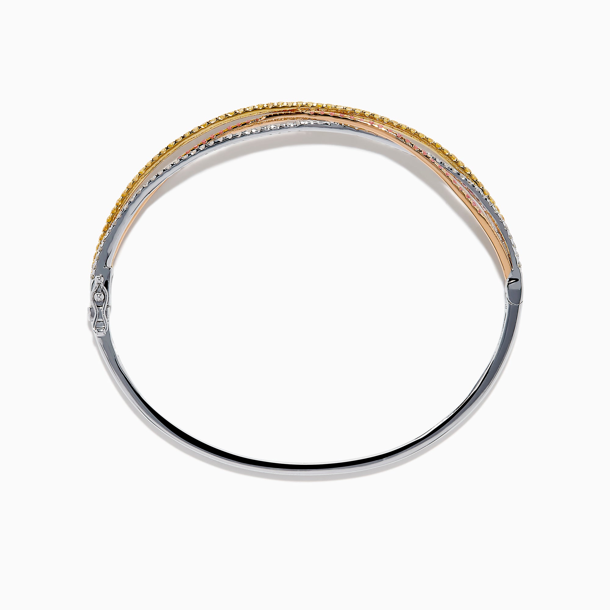 The 18K 3-Tone Gold White, Yellow and Pink Diamond Criss Cross Bangle features three intertwined rows of white, yellow, and pink diamonds set in an elegant, polished design.
