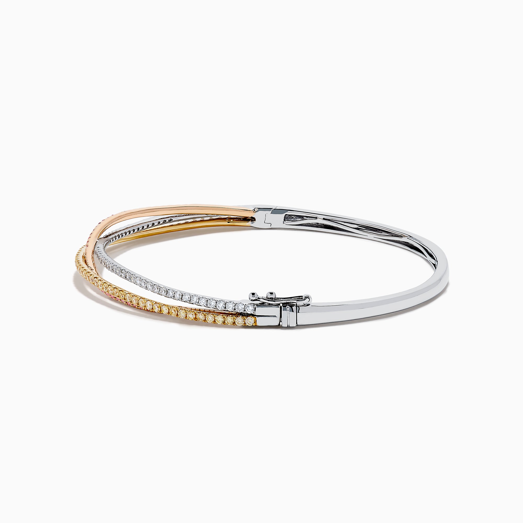 The 18K 3-Tone Gold White, Yellow and Pink Diamond Criss Cross Bangle features three intertwined rows of white, yellow, and pink diamonds set in an elegant, polished design.