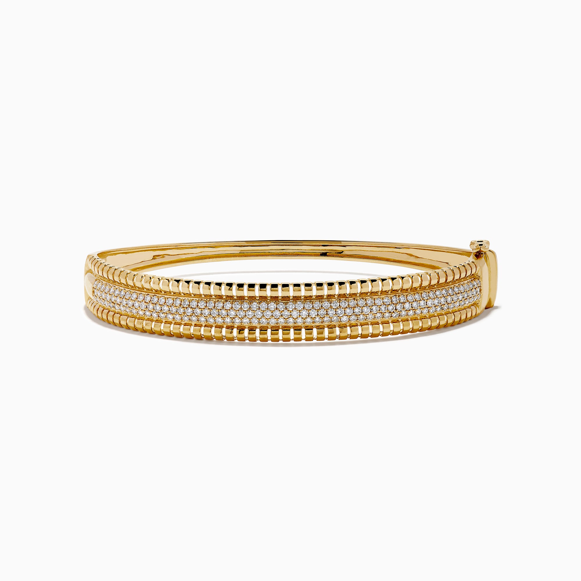 The D'Oro 14K Yellow Gold Diamond Bangle showcases rows of sparkling center diamonds, a textured border, and a secure hinged clasp for timeless elegance.