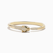 The Signature 14K Yellow Gold Diamond and Emerald Panther Open Bangle features a panther head and paw with diamond accents, emerald-green eyes, and black detailing on the face.
