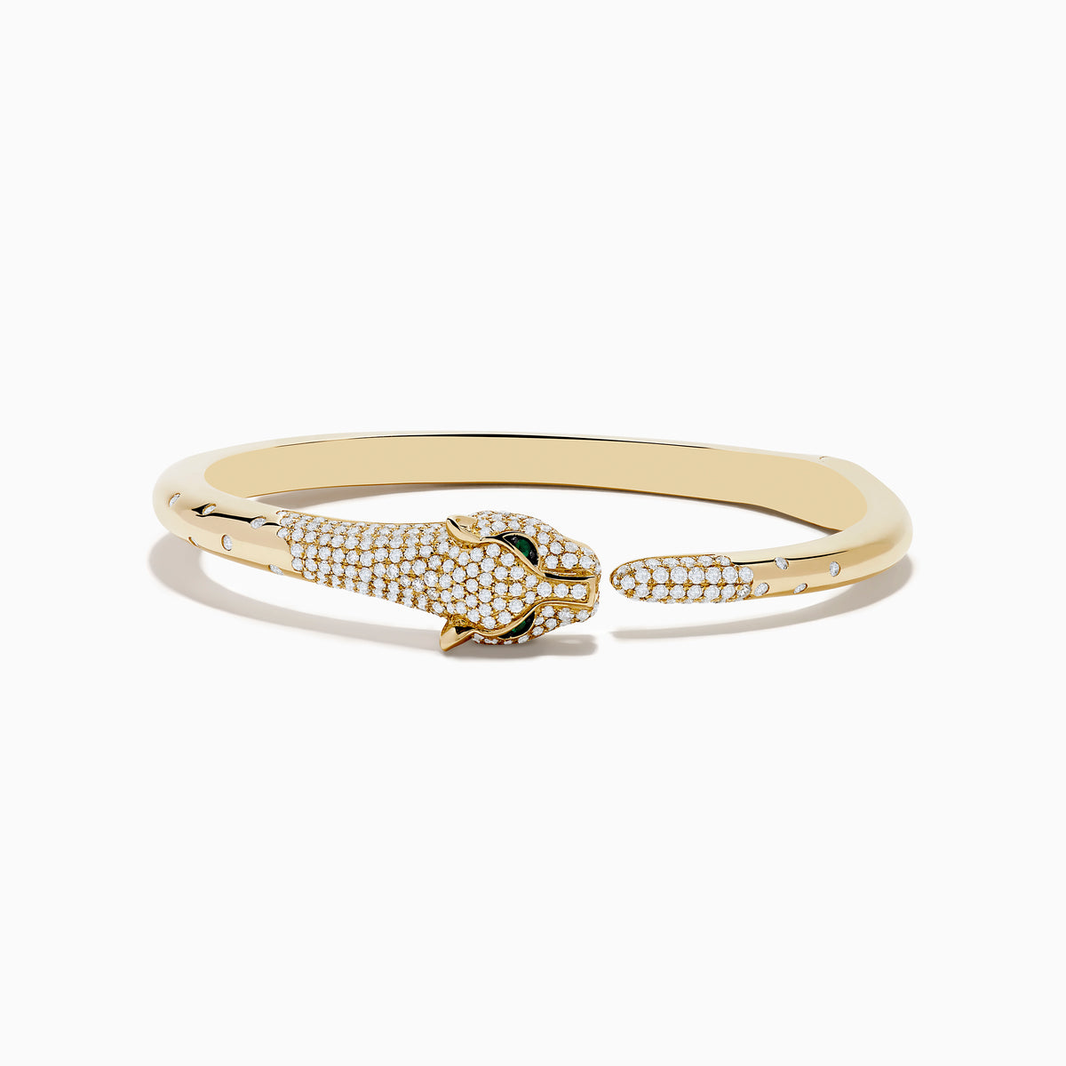 The Signature 14K Yellow Gold Diamond and Emerald Panther Open Bangle features a panther head and paw with diamond accents, emerald-green eyes, and black detailing on the face.