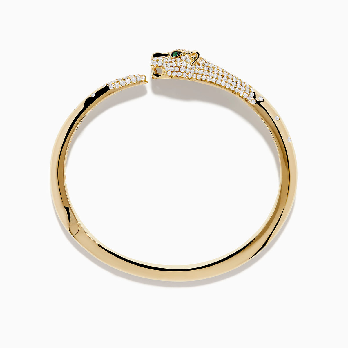 The Signature 14K Yellow Gold Diamond and Emerald Panther Open Bangle features a panther head and paw with diamond accents, emerald-green eyes, and black detailing on the face.