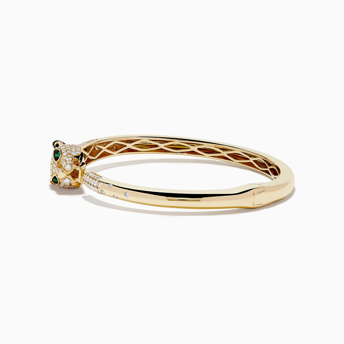 The Signature 14K Yellow Gold Diamond and Emerald Panther Open Bangle features a panther head and paw with diamond accents, emerald-green eyes, and black detailing on the face.