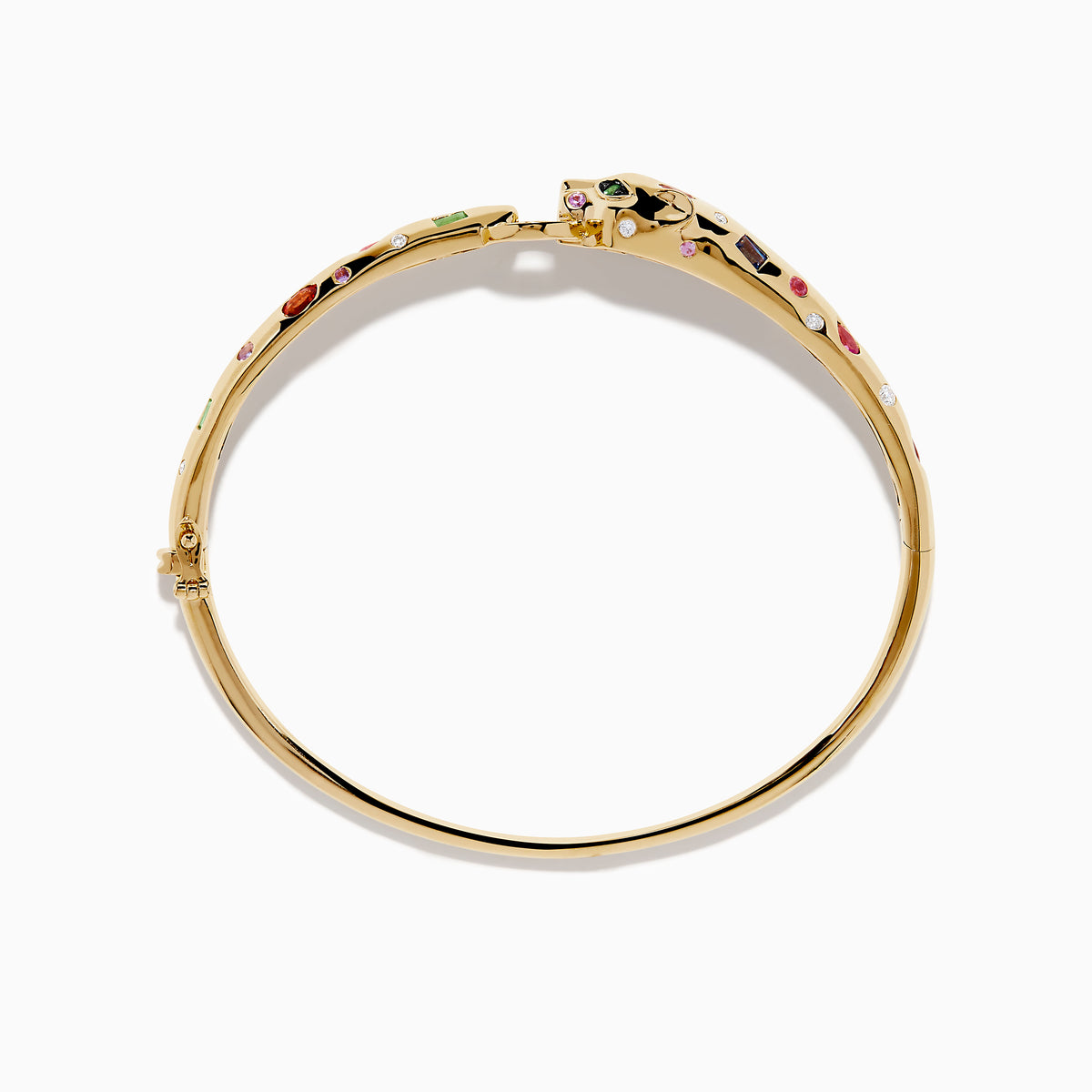 The Signature 14K Gold Multi Sapphire and Diamond Panther Bangle features a panther head clasp adorned with multi sapphire gemstones and a circular diamond-set ring.