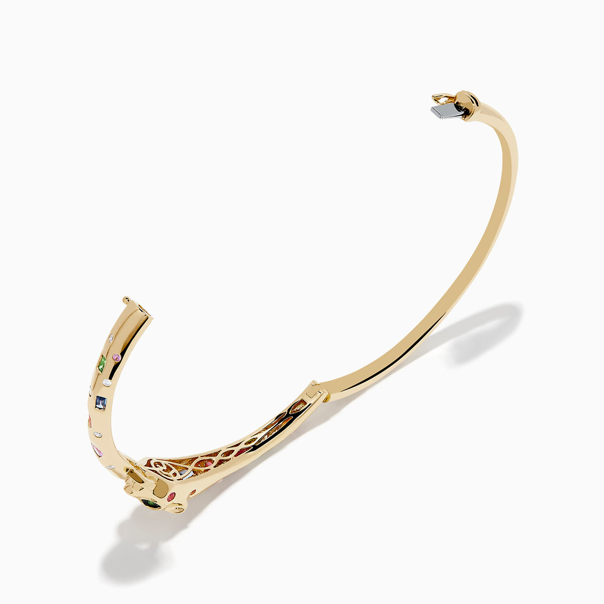 The Signature 14K Gold Multi Sapphire and Diamond Panther Bangle features a panther head clasp adorned with multi sapphire gemstones and a circular diamond-set ring.