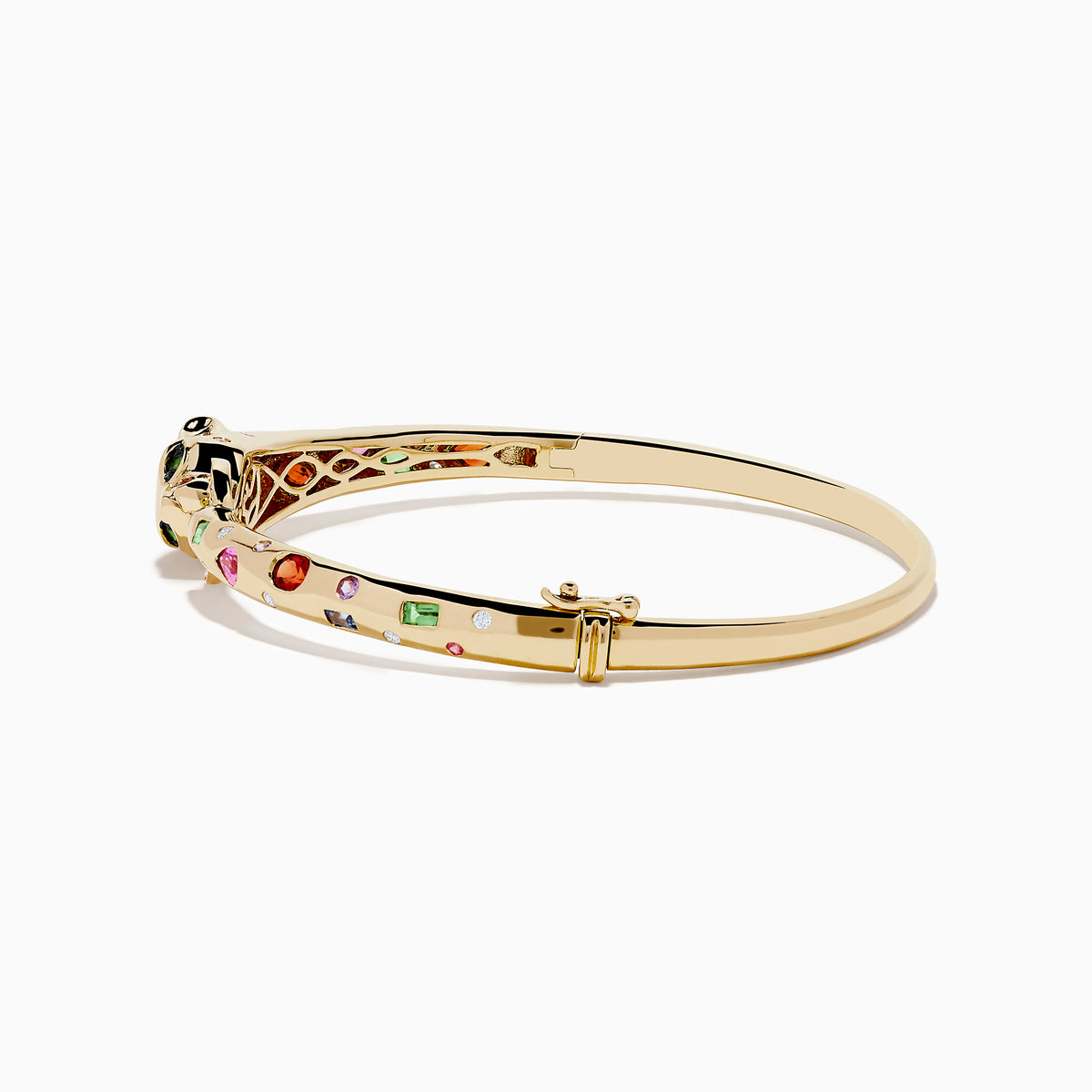 The Signature 14K Gold Multi Sapphire and Diamond Panther Bangle features a panther head clasp adorned with multi sapphire gemstones and a circular diamond-set ring.