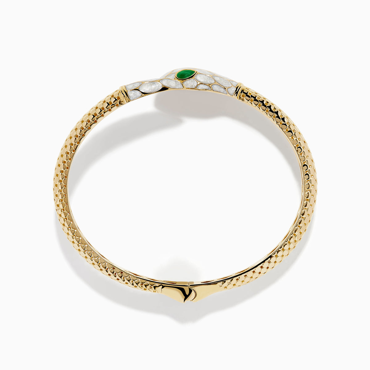 The 14K Yellow Gold White and Green Enamel Snake Bypass Bangle features a white and gold scale pattern on the head and tail, highlighted with green enamel eyes.