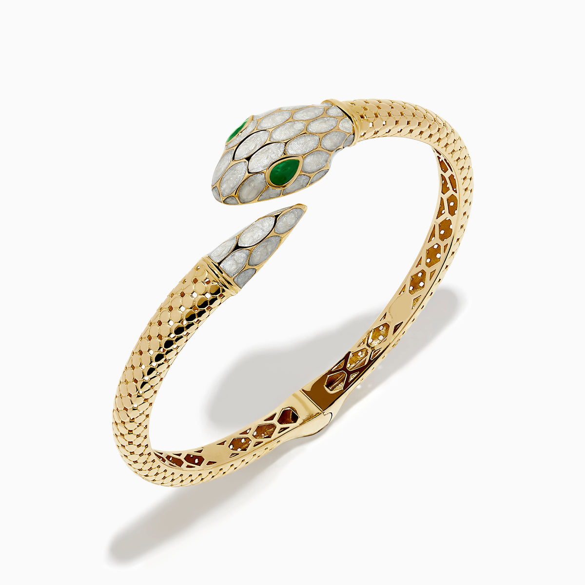 The 14K Yellow Gold White and Green Enamel Snake Bypass Bangle features a white and gold scale pattern on the head and tail, highlighted with green enamel eyes.