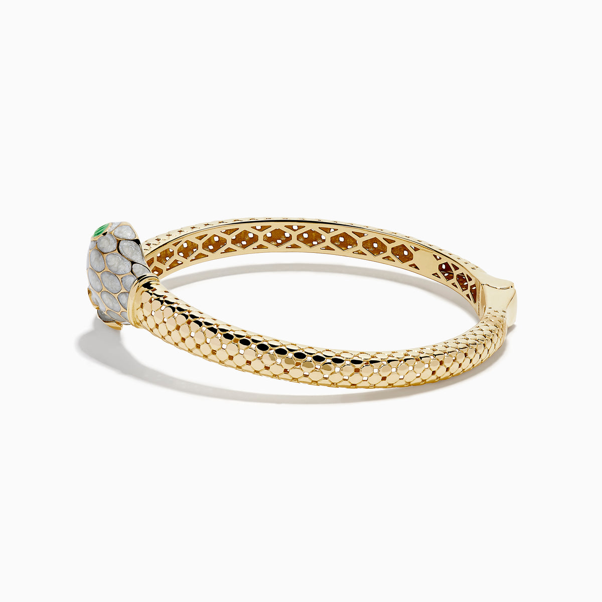 The 14K Yellow Gold White and Green Enamel Snake Bypass Bangle features a white and gold scale pattern on the head and tail, highlighted with green enamel eyes.