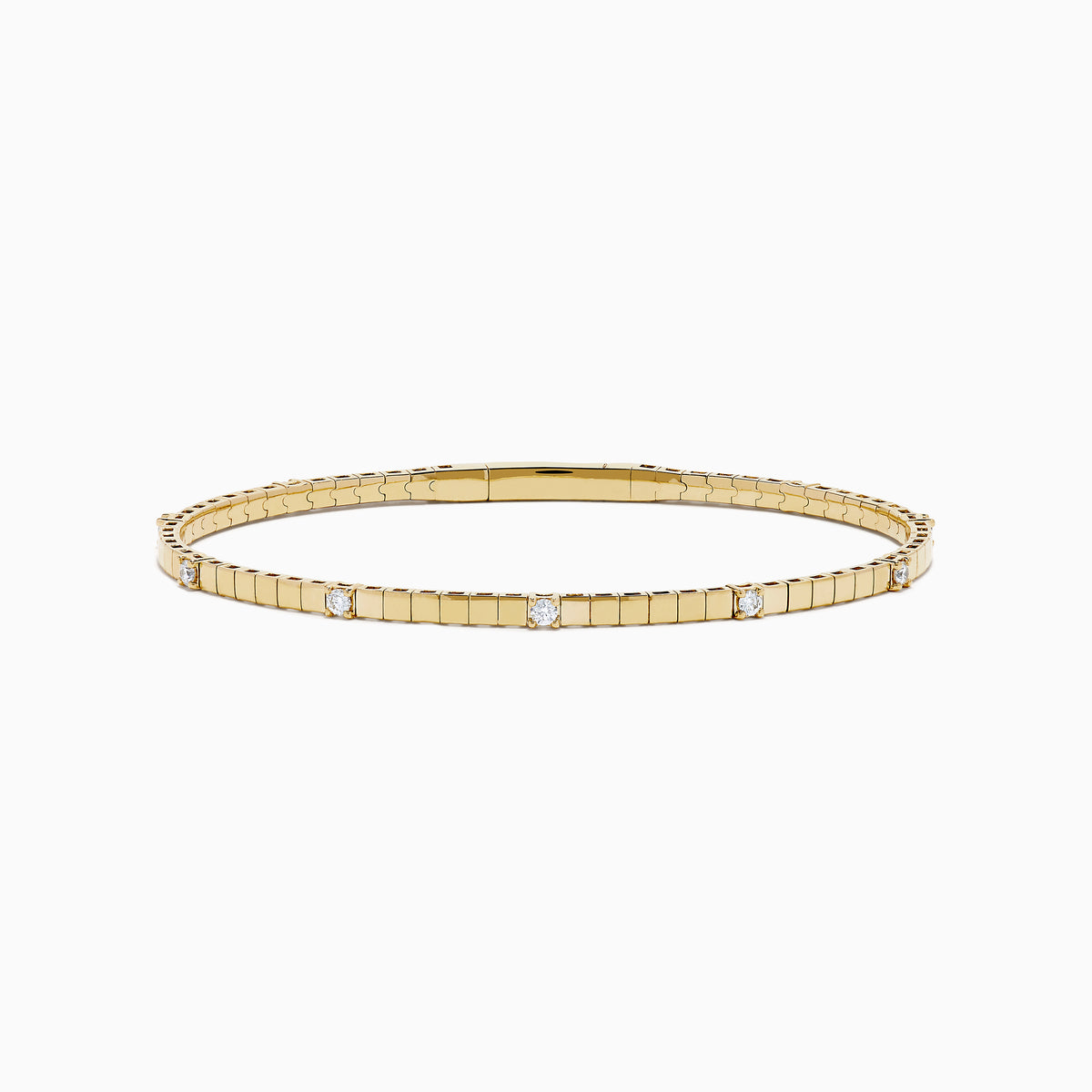 The 14K Yellow Gold Diamond Station Flexible Bangle features smooth rectangular links and evenly spaced round diamonds, offering minimalist elegance in a thin, flexible design perfect for any occasion.