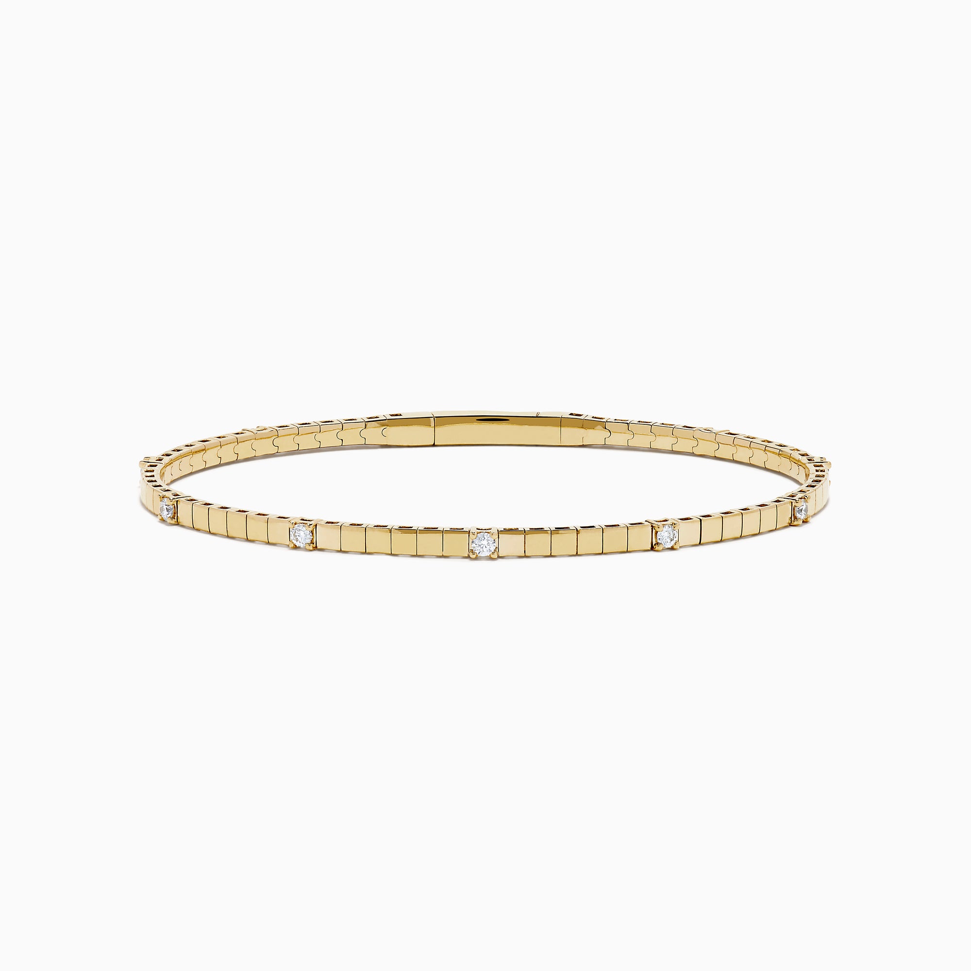 The 14K Yellow Gold Diamond Station Flexible Bangle features smooth rectangular links and evenly spaced round diamonds, offering minimalist elegance in a thin, flexible design perfect for any occasion.