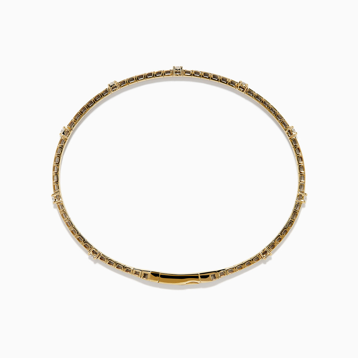 The 14K Yellow Gold Diamond Station Flexible Bangle features smooth rectangular links and evenly spaced round diamonds, offering minimalist elegance in a thin, flexible design perfect for any occasion.