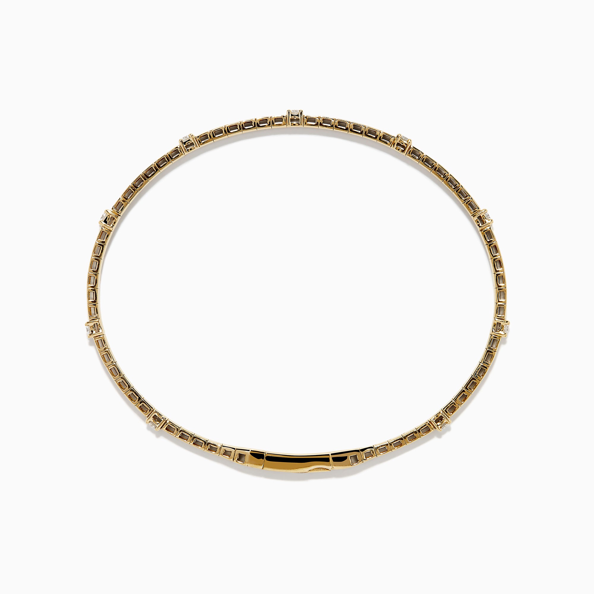 The 14K Yellow Gold Diamond Station Flexible Bangle features smooth rectangular links and evenly spaced round diamonds, offering minimalist elegance in a thin, flexible design perfect for any occasion.