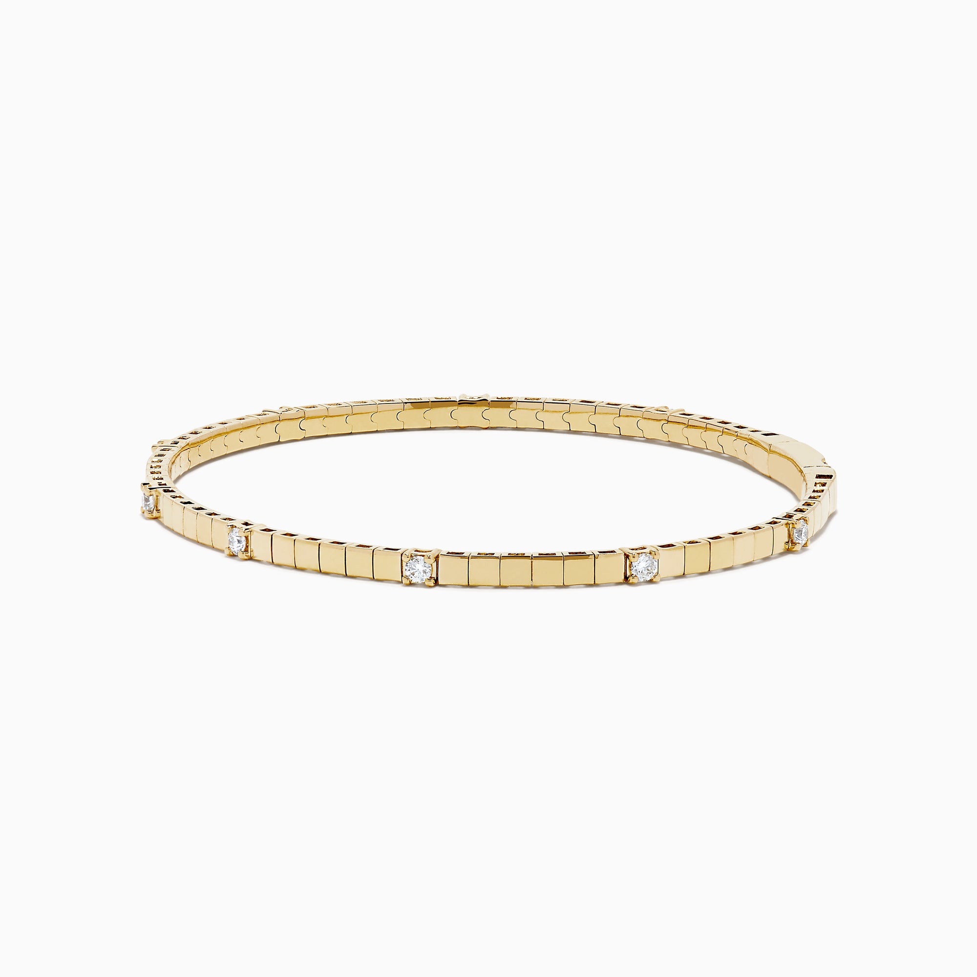 The 14K Yellow Gold Diamond Station Flexible Bangle features smooth rectangular links and evenly spaced round diamonds, offering minimalist elegance in a thin, flexible design perfect for any occasion.