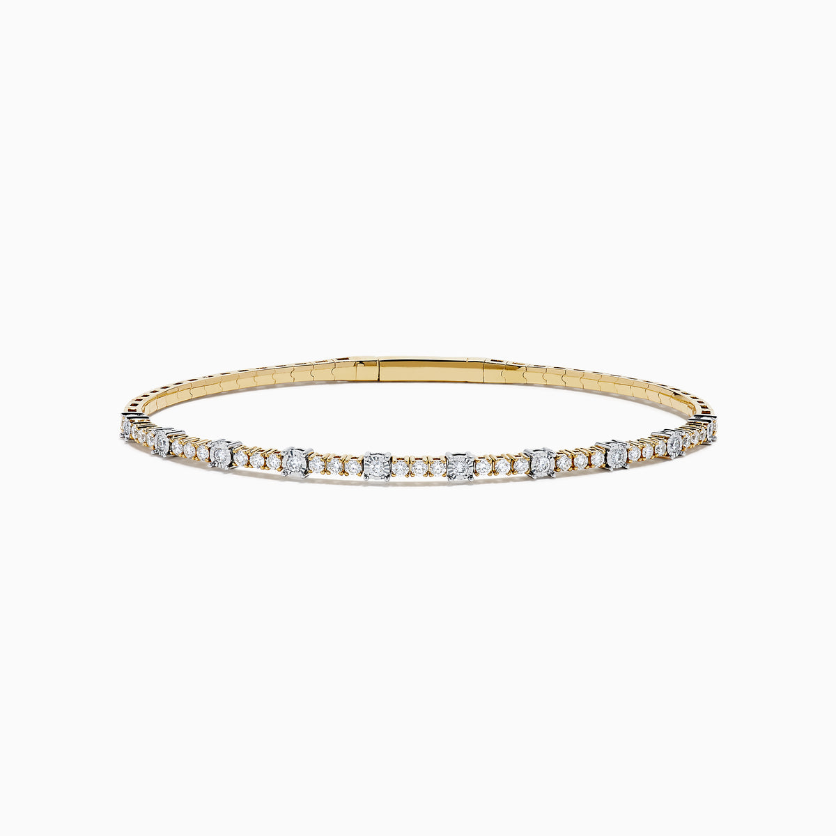 The 14K Two Tone Gold Diamond Station Flex Bangle features round white diamonds set along the top half, shown on a white background.