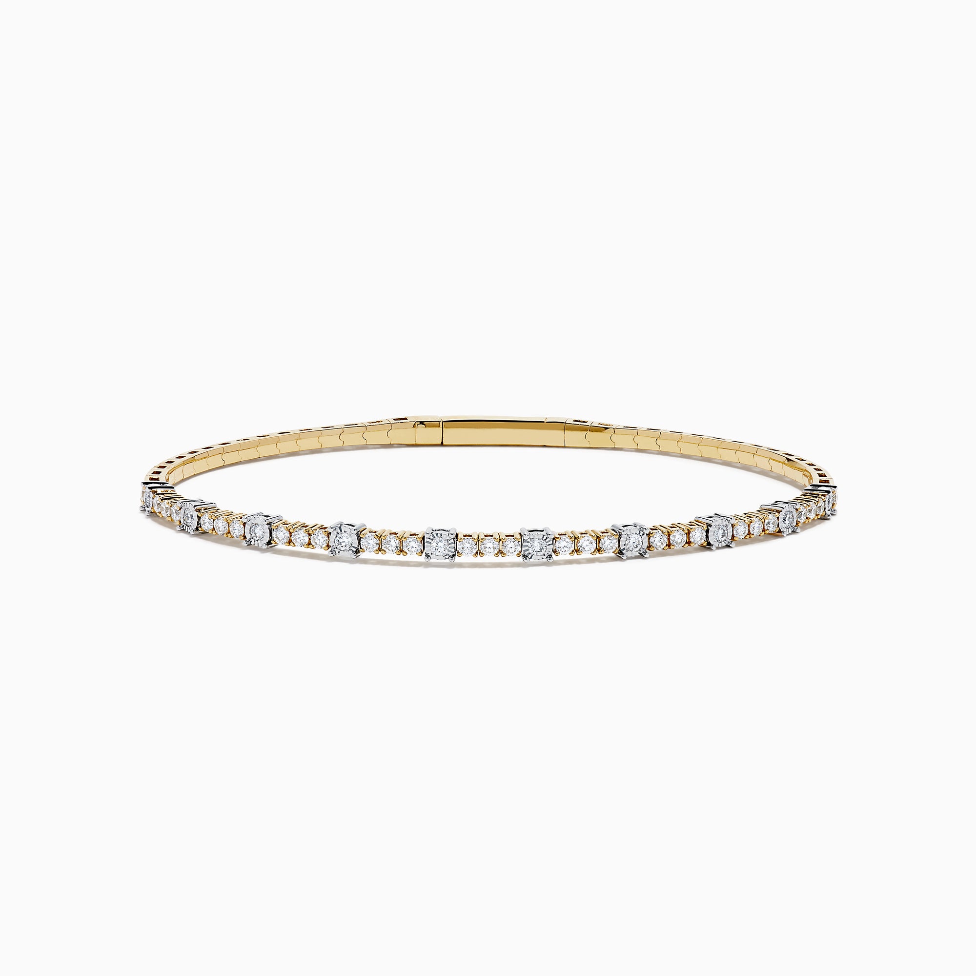 The 14K Two Tone Gold Diamond Station Flex Bangle features round white diamonds set along the top half, shown on a white background.