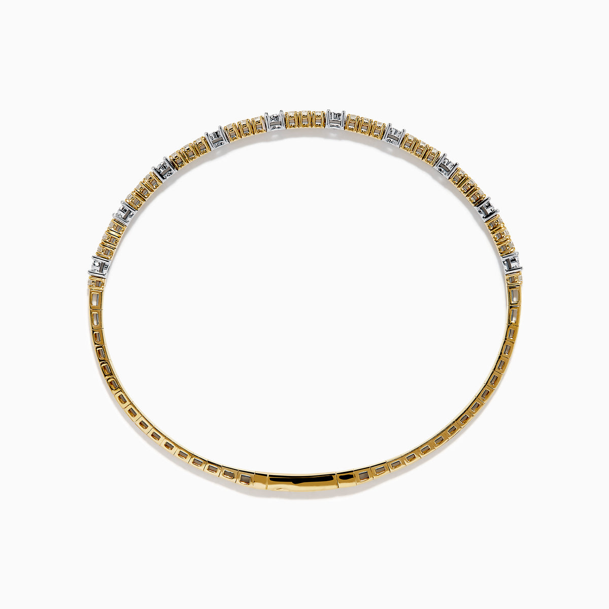 The 14K Two Tone Gold Diamond Station Flex Bangle features round white diamonds set along the top half, shown on a white background.