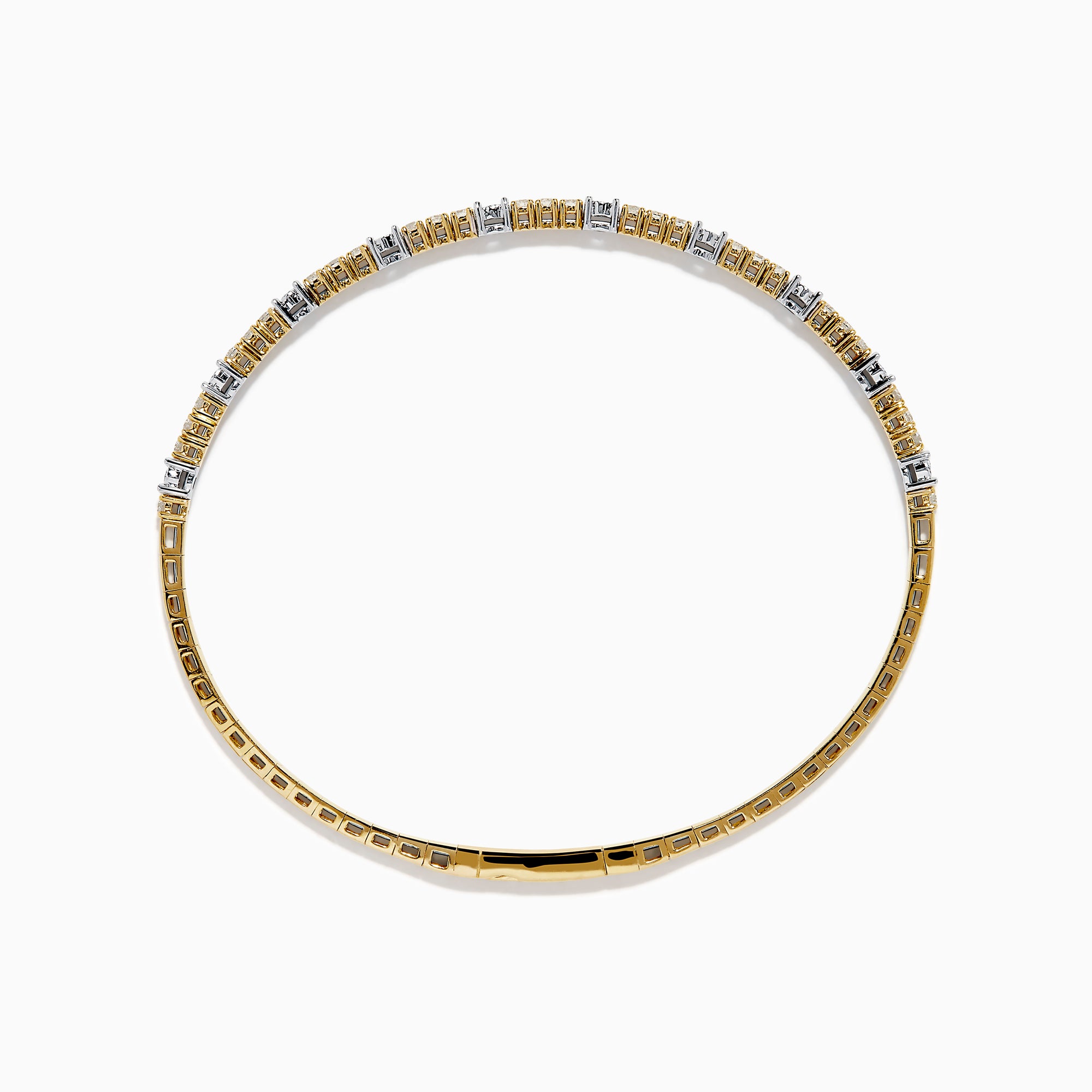 The 14K Two Tone Gold Diamond Station Flex Bangle features round white diamonds set along the top half, shown on a white background.