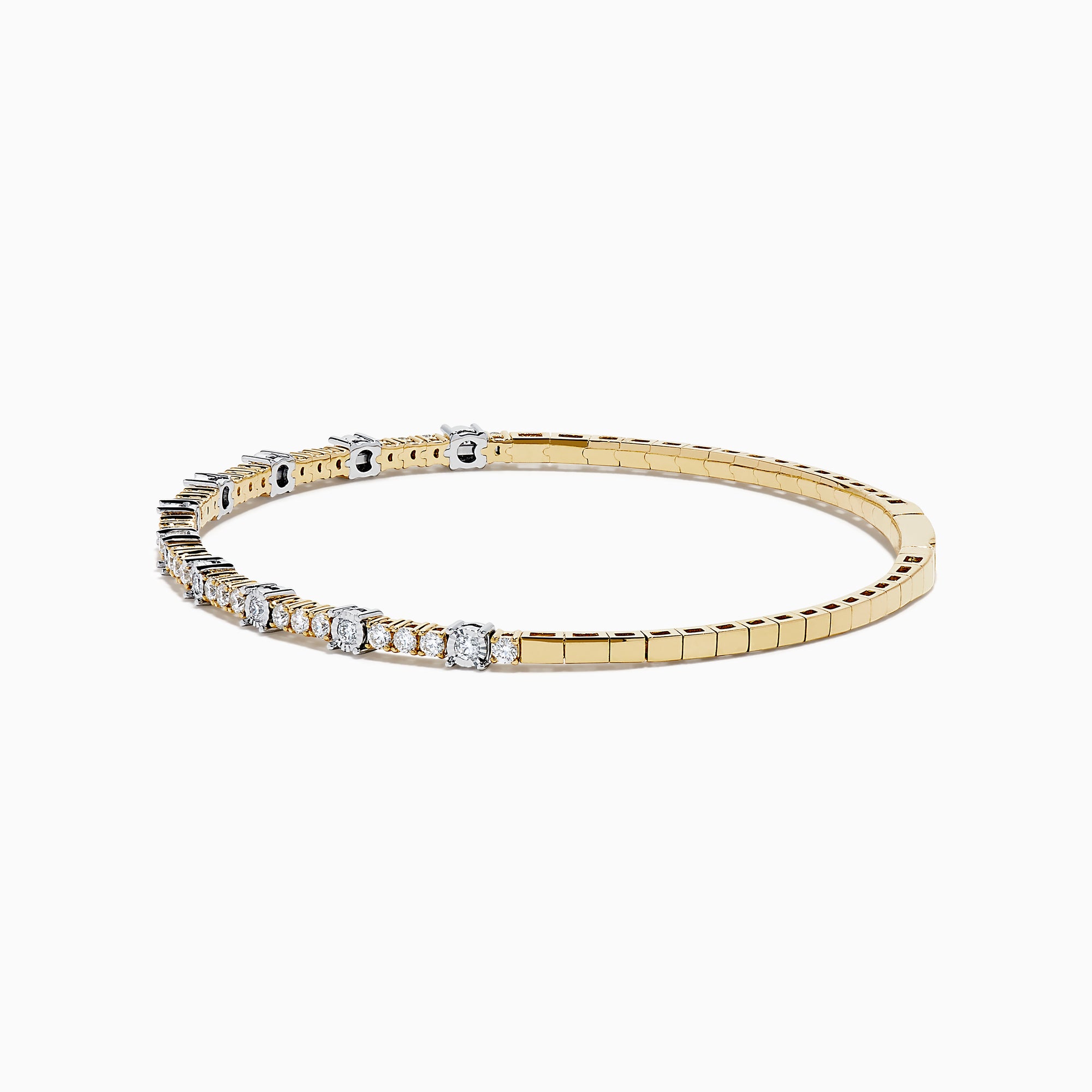 The 14K Two Tone Gold Diamond Station Flex Bangle features round white diamonds set along the top half, shown on a white background.