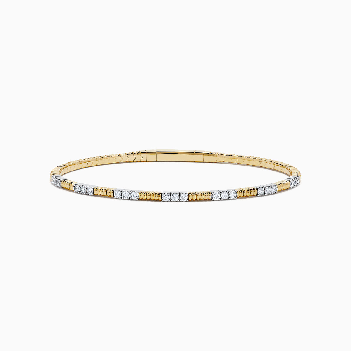 The 14K Two Tone Gold Diamond Flexible Bangle features alternating sections of small round white diamonds and plain gold, offering timeless elegance and a hint of sparkle. Shown on a simple white background.