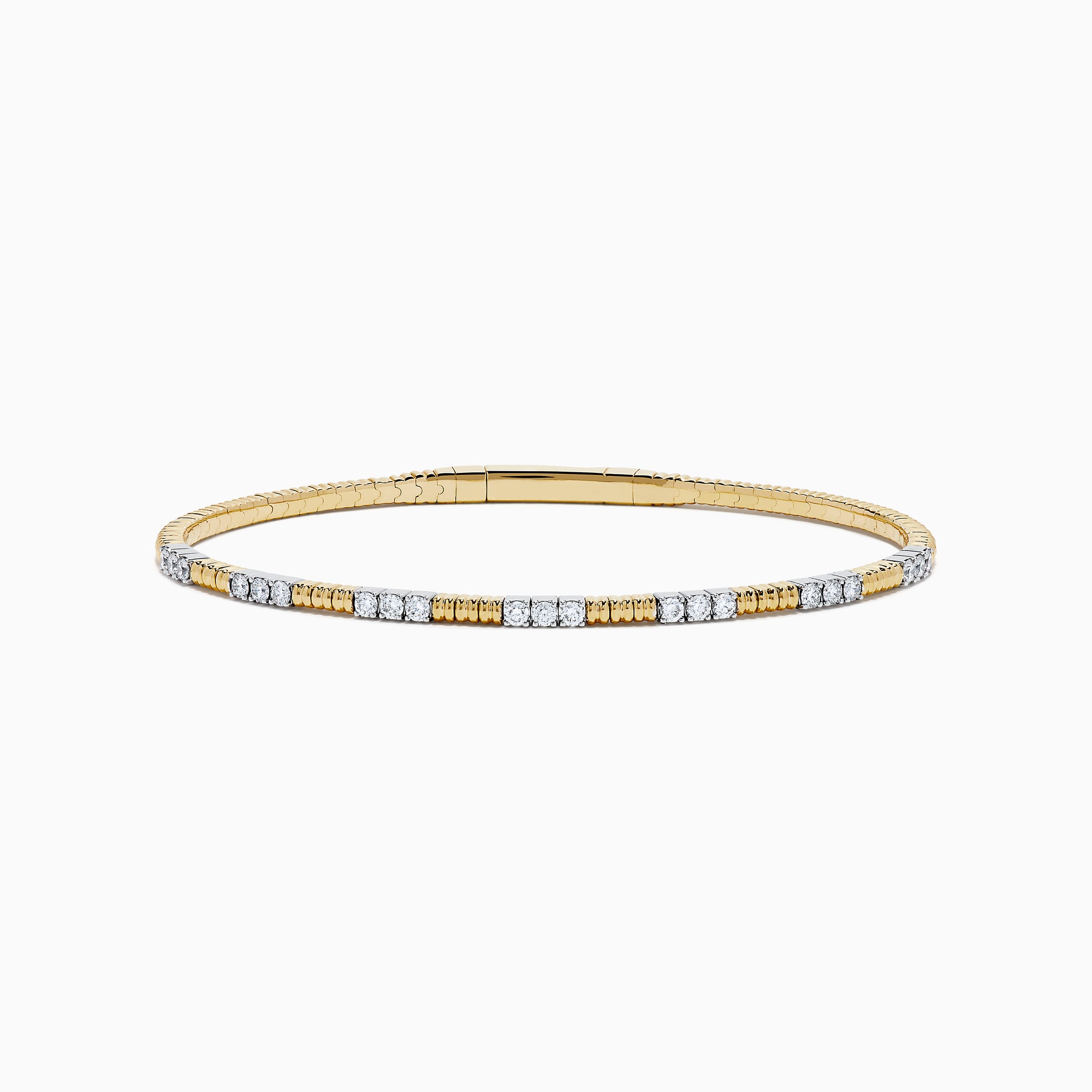 The 14K Two Tone Gold Diamond Flexible Bangle features alternating sections of small round white diamonds and plain gold, offering timeless elegance and a hint of sparkle. Shown on a simple white background.