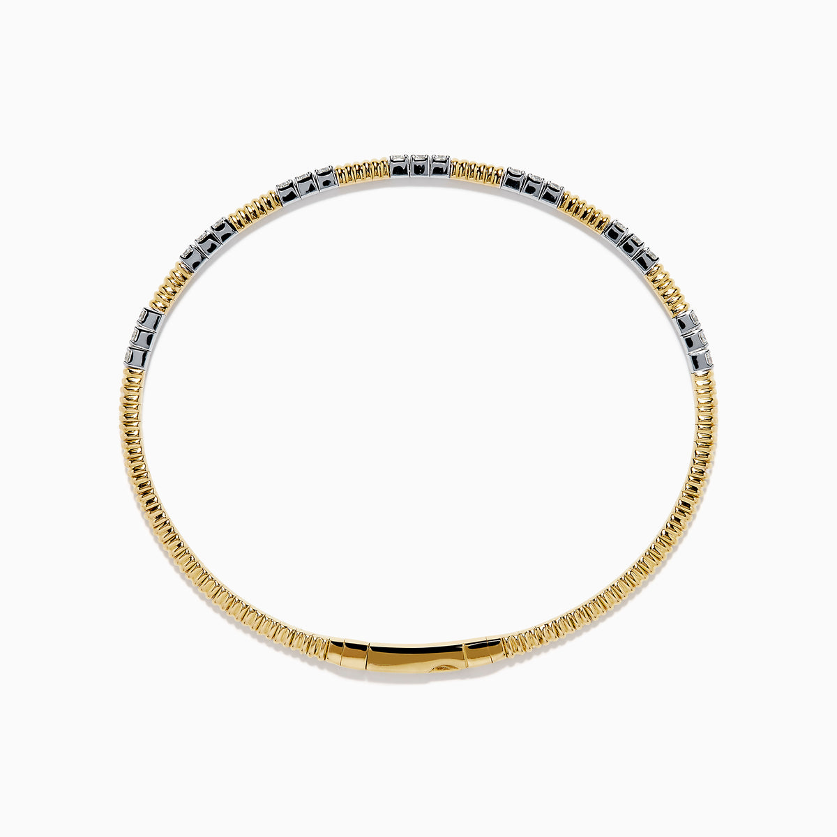 The 14K Two Tone Gold Diamond Flexible Bangle features alternating sections of small round white diamonds and plain gold, offering timeless elegance and a hint of sparkle. Shown on a simple white background.