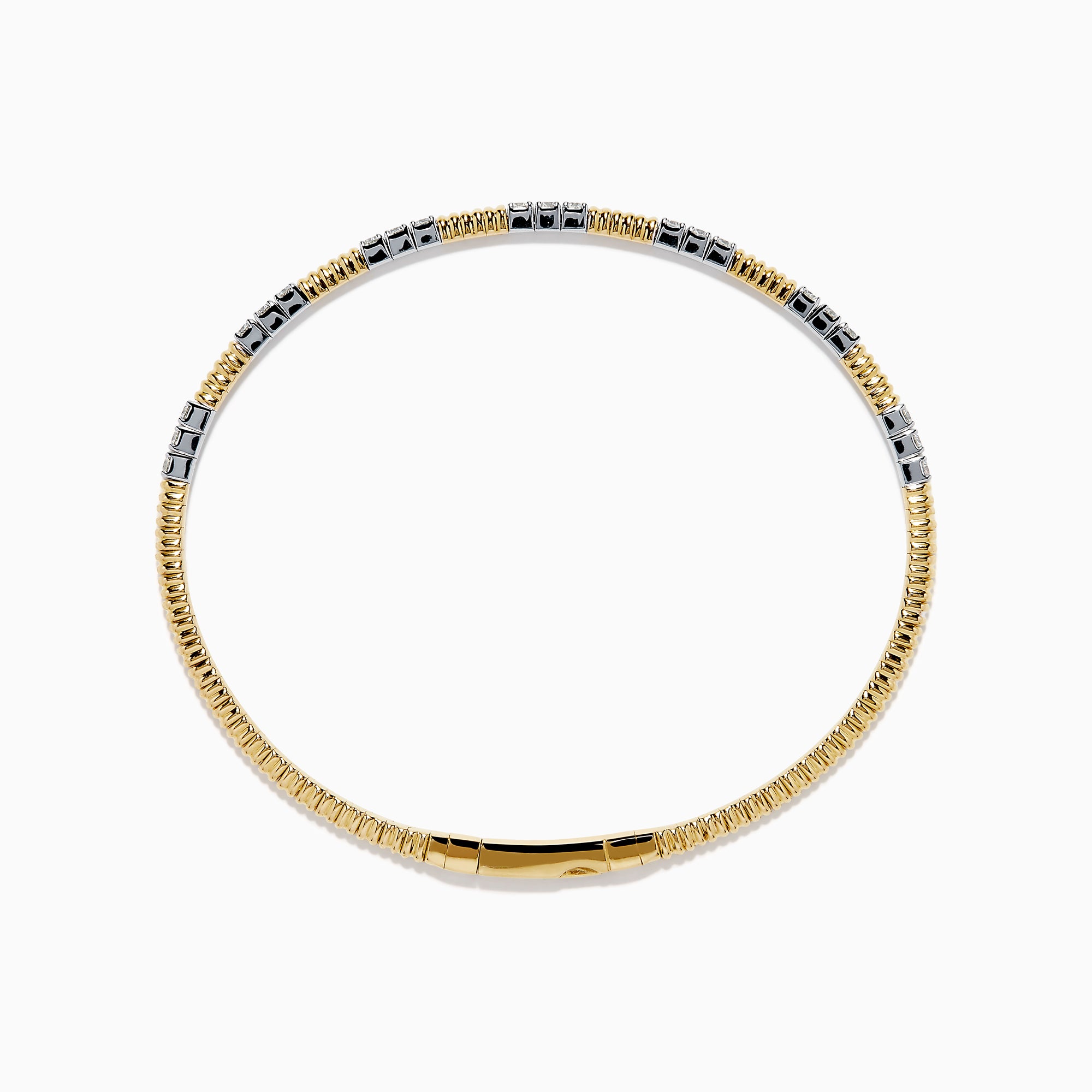 The 14K Two Tone Gold Diamond Flexible Bangle features alternating sections of small round white diamonds and plain gold, offering timeless elegance and a hint of sparkle. Shown on a simple white background.
