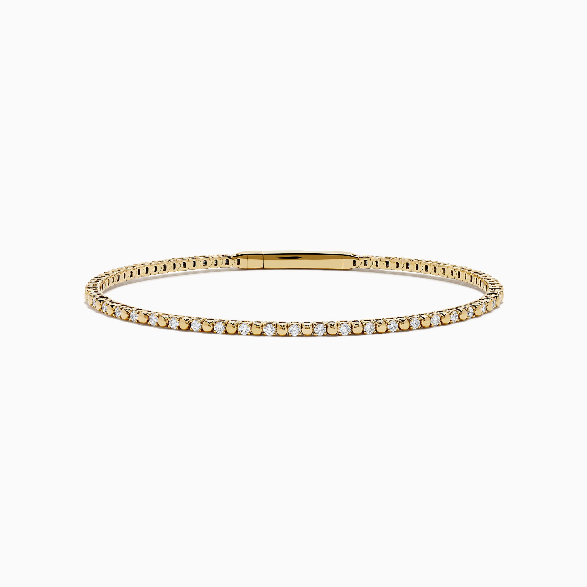 The 14K Yellow Gold Diamond Flex Bangle features a single row of sparkling white diamonds and a secure clasp, presented against a white background.
