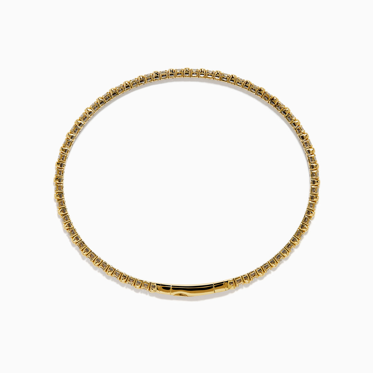 The 14K Yellow Gold Diamond Flex Bangle features a single row of sparkling white diamonds and a secure clasp, presented against a white background.