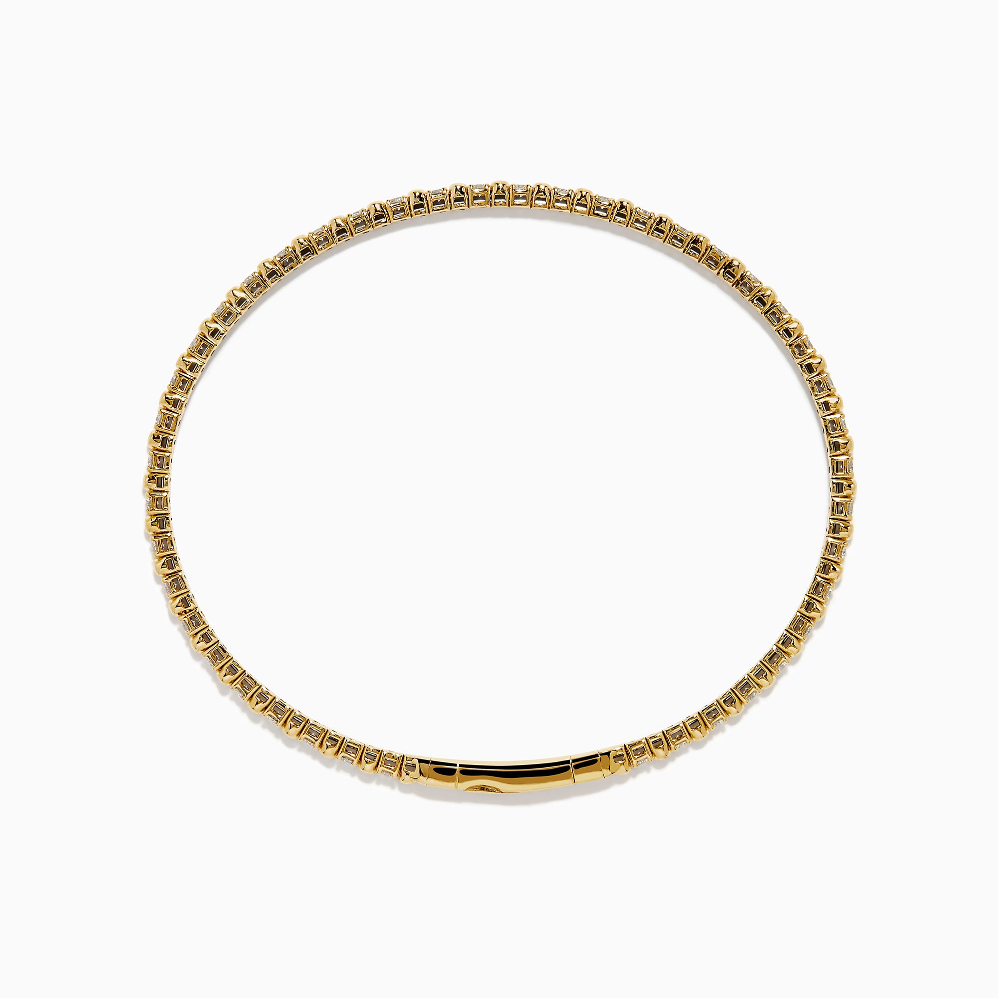 The 14K Yellow Gold Diamond Flex Bangle features a single row of sparkling white diamonds and a secure clasp, presented against a white background.