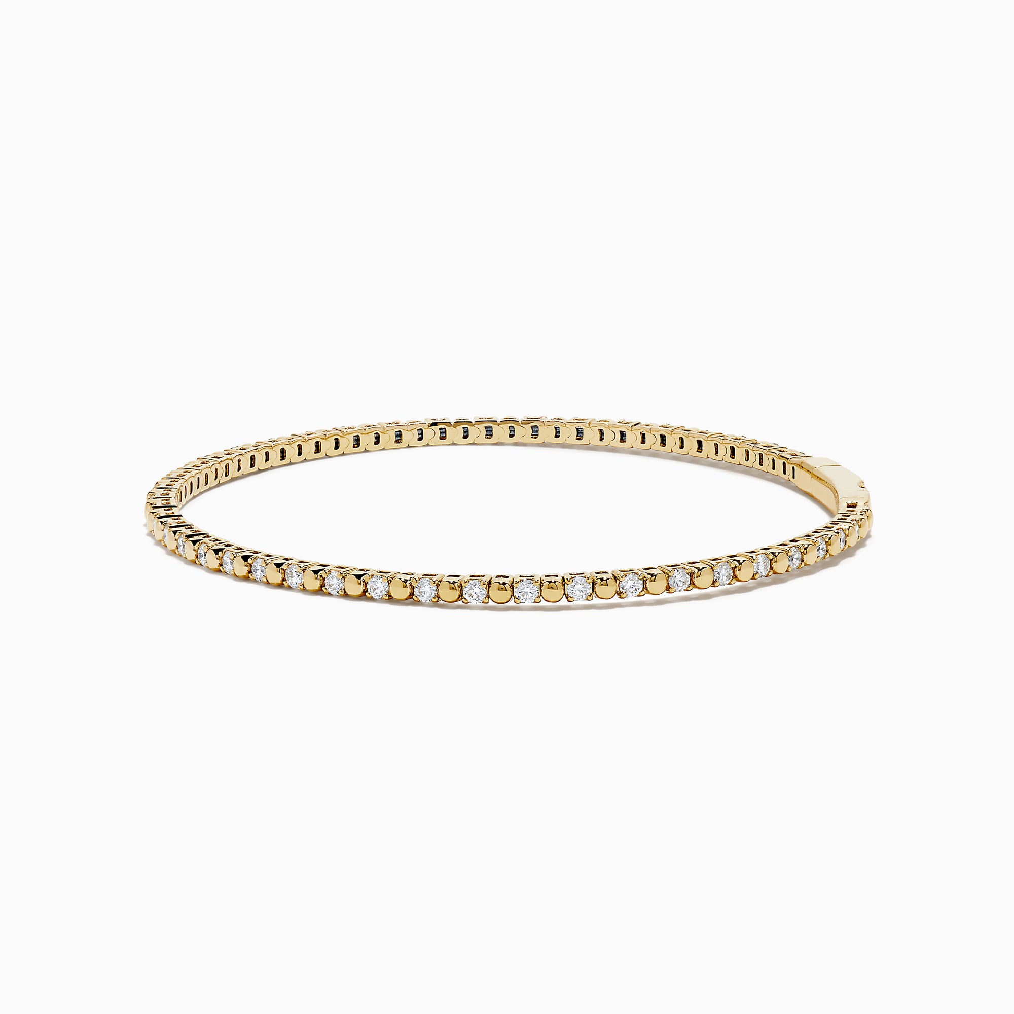 The 14K Yellow Gold Diamond Flex Bangle features a single row of sparkling white diamonds and a secure clasp, presented against a white background.