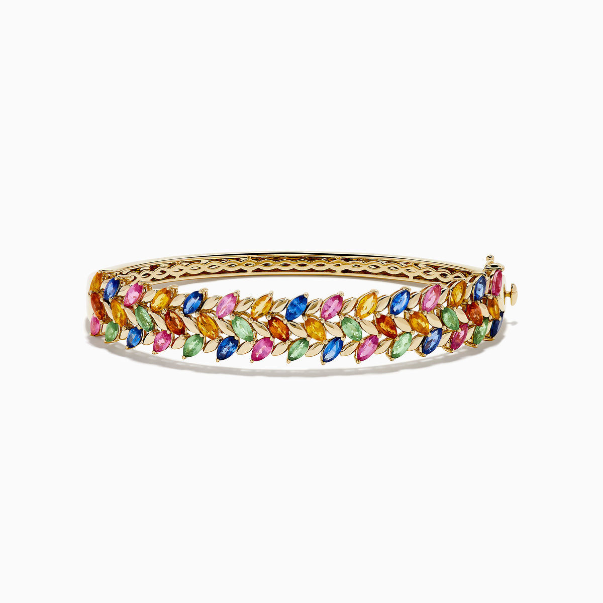The Watercolors 14K Yellow Gold Multi Sapphire Bangle features marquise-cut sapphires in blue, green, pink, orange, and yellow, set in a leaf-inspired pattern, evoking the look of vibrant watercolors.