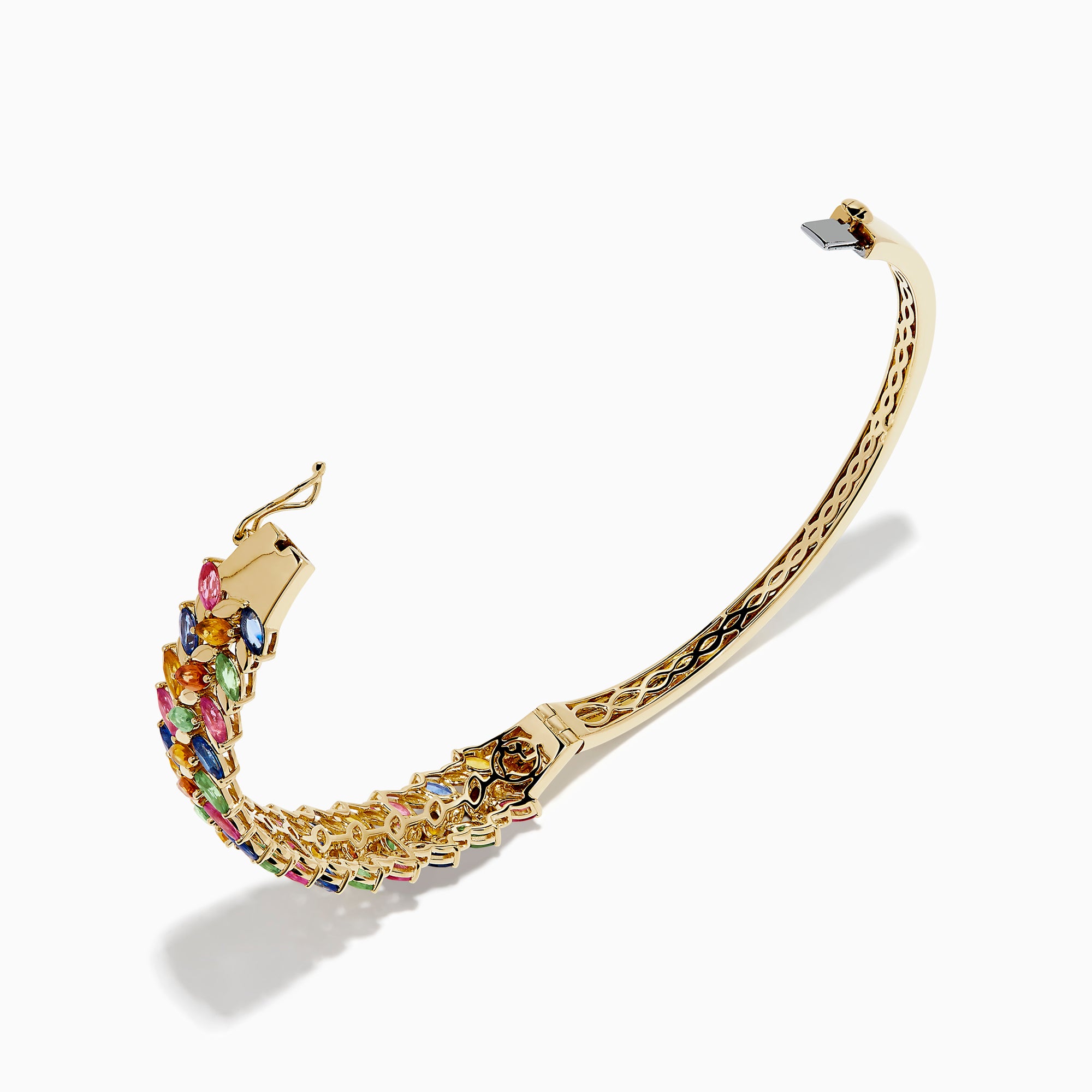 The Watercolors 14K Yellow Gold Multi Sapphire Bangle features marquise-cut sapphires in blue, green, pink, orange, and yellow, set in a leaf-inspired pattern, evoking the look of vibrant watercolors.