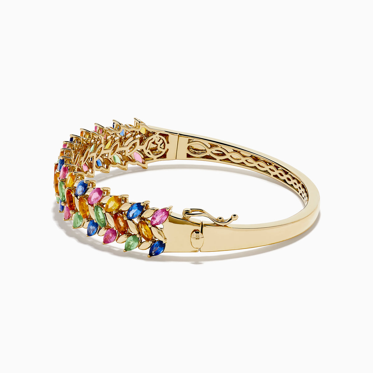 The Watercolors 14K Yellow Gold Multi Sapphire Bangle features marquise-cut sapphires in blue, green, pink, orange, and yellow, set in a leaf-inspired pattern, evoking the look of vibrant watercolors.
